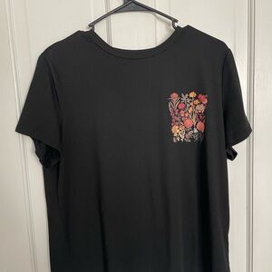 SHEIN Black Short Sleeve Tee with Pink and Orange Floral Pocket Print